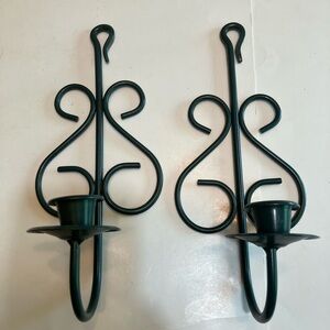 Set of 2 Wrought Iron Wall Sconces Candle Holders Vintage Home Interiors Green